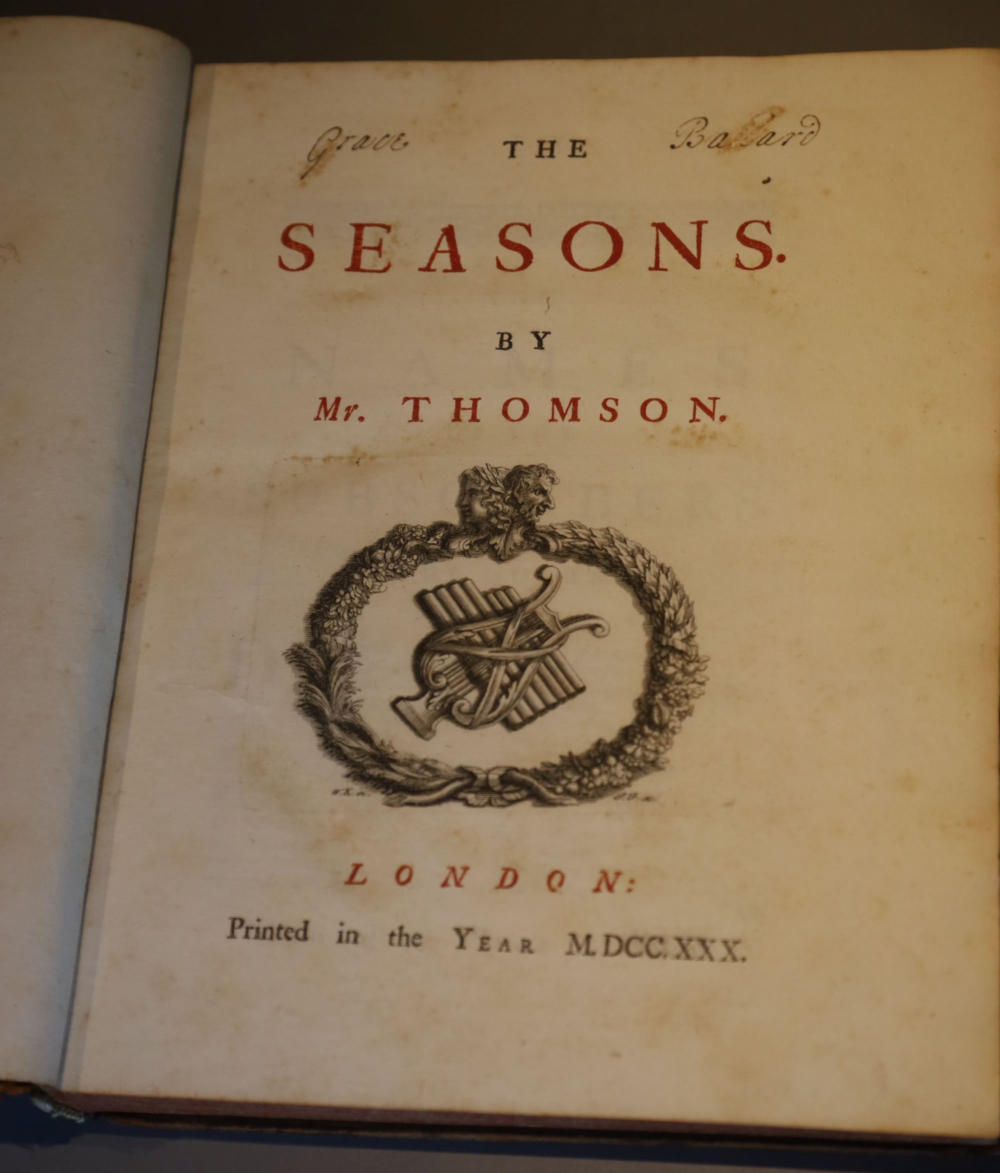 Thomson, [James] - The Seasons, qto, contemporary mottled calf, 5 engraved plates and an additional plate of Newton, mounted on